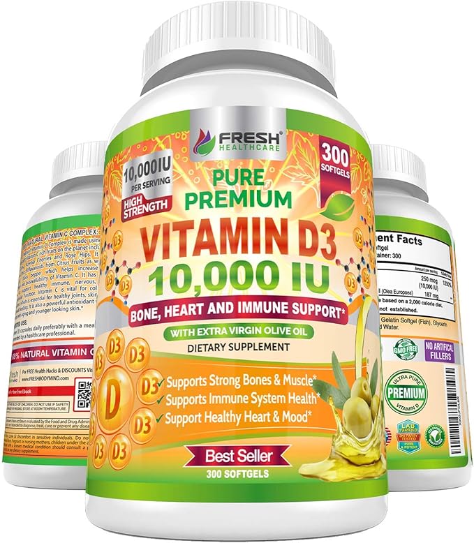 Fresh Healthcare Vitamin D3 10000 IU (250mcg) with Extra Virgin Olive Oil - Immune Support - 300 Softgels for Joints, Bone, Muscle & Mood Health - Non-GMO Vitamin D Supplement