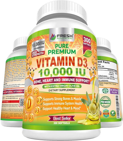 Fresh Healthcare Vitamin D3 10000 IU (250mcg) with Extra Virgin Olive Oil - Immune Support - 300 Softgels for Joints, Bone, Muscle & Mood Health - Non-GMO Vitamin D Supplement