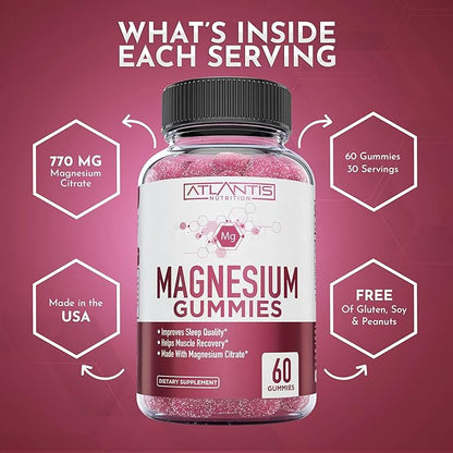 Atlantis Nutrition Magnesium Citrate Gummies – 770mg Magnesium Citrate for Kids & Adults | Supports Muscle Recovery, Eases Cramps, Promotes Calmness & Better Sleep | 60 Vegan Gummies