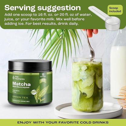 KEY NUTRIENTS Matcha Powder - Unsweetened Matcha Powder with Electrolytes for Hydration and Energy - Green Tea - No Sugar - Made in USA, 20 Servings