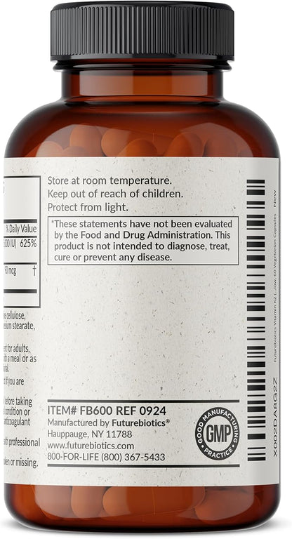 Futurebiotics Vitamin K2 (MK7) with D3 Supplement - Non-GMO Formula - 5000 IU Vitamin D3 & 90 mcg Vitamin K2 MK-7, 60 Vegetarian Capsules