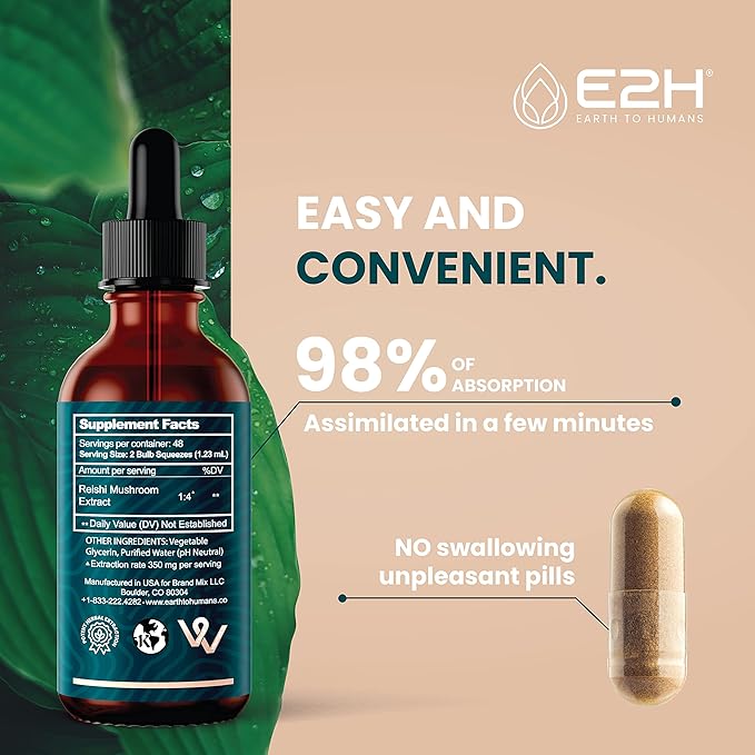 E2H Reishi Mushroom Extract - All-Natural Energy, Vitality and General Wellness Support from Advanced Mushroom Supplement - Reishi Mushrooms Supplement - Non-GMO, Vegan (3 Bottles)