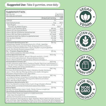 Daily Greens Gummies - Raspberry Flavored Nutrient Rich Blend with Chlorella, Spirulina, Beetroot, Lions Mane, Ashwagandha and Reishi for Vitality, Wellness and Herbal Support
