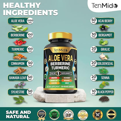 Aloe Vera Capsules Supplement - 12in1 Formula - Combine with Berberine, Turmeric, Ceylon Cinnamon, Banaba Leaf, Gymnema Sylvestre, Acai Berry, Bergamot, Garlic, and More - 120 Capsules