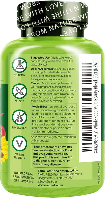 NATURELO Whole Food Multivitamin with Extra Hair, Skin & Nails Support - Beauty Blend with Hyaluronic Acid & Grape Seed - High Potency Biotin, Vitamin C, & Glutathione, 60 Vegan Capsules (Pack of 2)