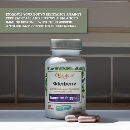 Quantum Health Black Elderberry Supplement Sambucus Nigra Extract 400mg Daily Immune Support & Wellness Boost of Powerful Antioxidants for Women & Men - 60 Capsules