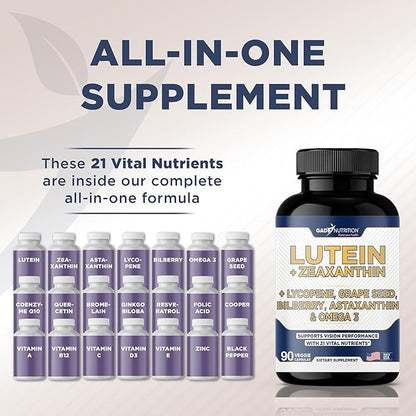 Gade Nutrition Lutein and Zeaxanthin Supplements | Astaxanthin, Omega 3, Resveratrol, Bilberry, Lycopene, Quercetin, Ginkgo Biloba, Vitamin D - Eye Health Vitamins, Eye Support, Health Vision Formula