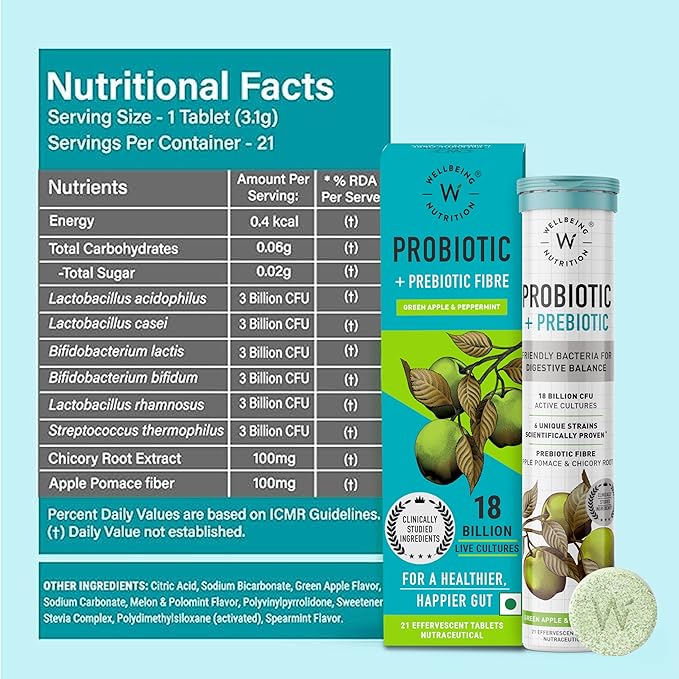 WELLBEING NUTRITION Daily Probiotic + Prebiotic| Plant Based |18 Billion CFU, 6 Strains for Men & Women with Organic Prebiotic Fiber for Digestion, Gut Health, Metabolism | 42 Effervescent Tabs