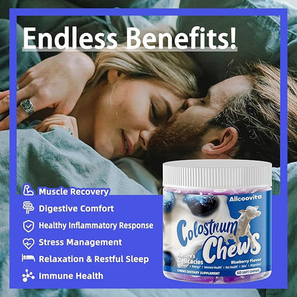 Bovine Colostrum Chews Supplement with probiotics for Gut Health, Bloating, Immune Support, Skin, Hair Growth and Beauty - Blueberry Flavor (60 Servings)
