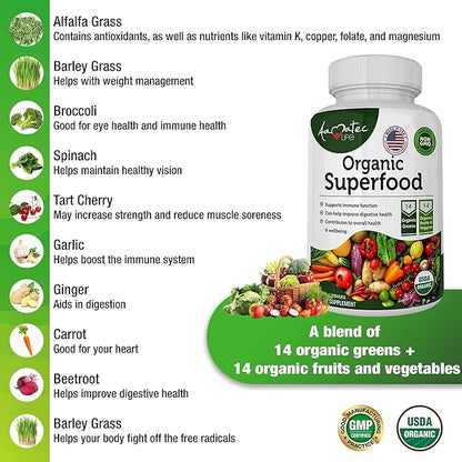 Organic Superfood Greens Fruits and Veggies Complex - Best Dietary Supplement with 14 Greens and 14 Fruits & Vegetables with Alfalfa & Antioxidant Organic Ingredients Non-GMO 240 Capsules