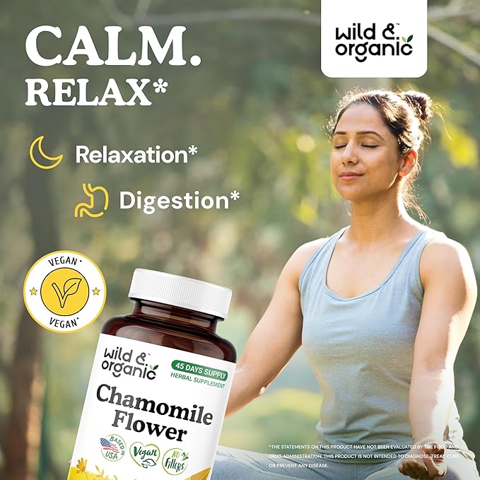 Wild & Organic Chamomile Capsules 800 mg - Relaxation & Digestive Support - Herb Chamomile Powder Supplement - Matricaria Recutita Flower - Vegan, No Fillers, Non-GMO - 90 Count