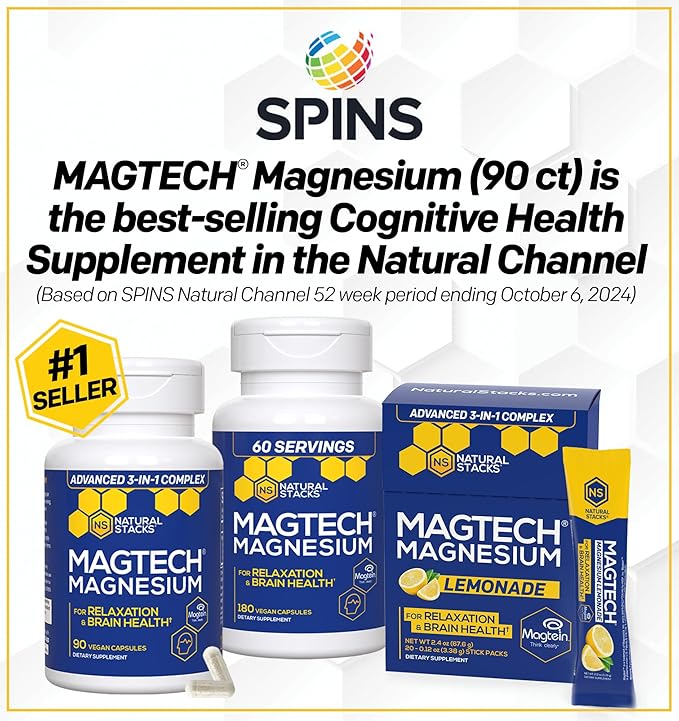 MagTech Magnesium Supplement - 3 Forms of Magnesium: Magtein L-Threonate, Glycinate & Taurate - 200mg Chelated Magnesium Complex - Supports Relaxation & Brain Health - 180 Capsules