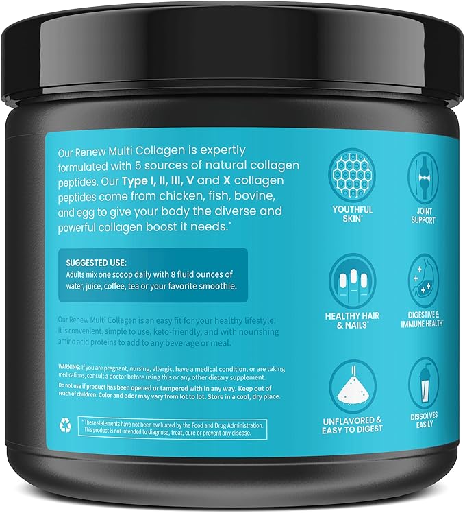 WellPath Renew Multi Collagen Protein Powder for Women | Complex Supplement - Hydrolyzed Grass-Fed Bovine, Marine, & Chicken Sources Collagen Peptides | Types I, II, III, V, X | 11 oz