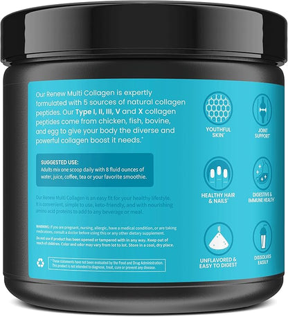 WellPath Renew Multi Collagen Protein Powder for Women | Complex Supplement - Hydrolyzed Grass-Fed Bovine, Marine, & Chicken Sources Collagen Peptides | Types I, II, III, V, X | 11 oz