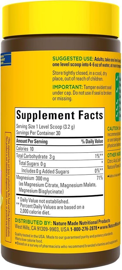Nature Made High Absorption Magnesium Complex Drink Mix Powder, Magnesium Citrate, Magnesium Glycinate & Magnesium Malate 3-in-1 Blend, Pink Lemonade Flavor, 96 g, 30 Day Supply