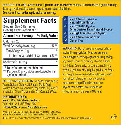 Nature Made Melatonin 10 mg per serving Gummies, Sleep Gummies for Adults Maximum Strength Dosage, 100% Drug Free Sleep Aid, 120 Count, 60 Day Supply