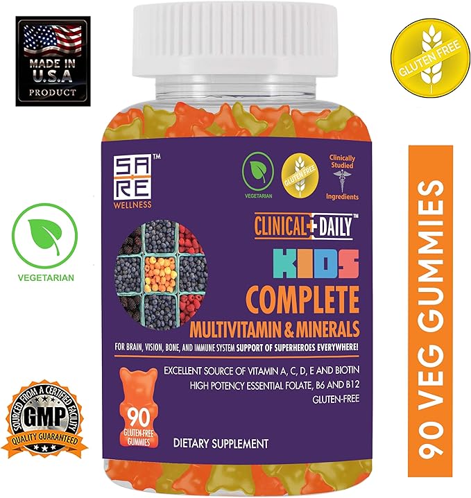 Clinical Daily Complete Kids Multivitamin Daily Gummy Supplement for Brain, Vision, Bone and Immune Health. Vitamins A, C, E,D,B6,B12, Folate, Biotin, Essential Minerals. 90 Gluten Free Yummy Gummies