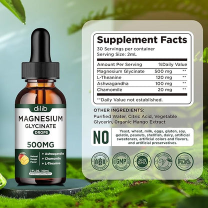 Magnesium Glycinate Supplement, Magnesium Liquid Drops with Magnesium Glycinate 500mg Ashwagandha, L - Theanine, Chamomile -Support Stress Relief, Bone, Muscle, Mood Vegan Natural Mango Flavor 2 Pack