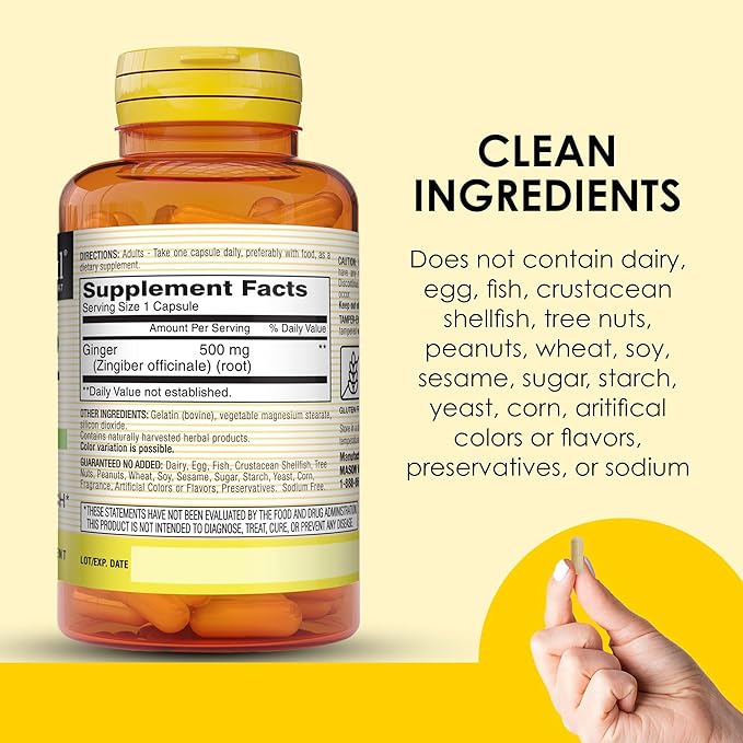 MASON NATURAL Whole Herb Ginger 500 mg, 6 Month Supply, Natural Herbal Supplement, 60 Capsules (3 Pack)