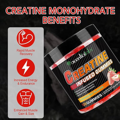Creatine Monohydrate Gummies 5000mg for Men & Women, Creatine Monohydrate, L-Taurine, Vitamin B12 for Muscle Growth, Strength, Focus, Energy & Health, Sugar Free, Vegan, Strawberry Flavor, 120 Count