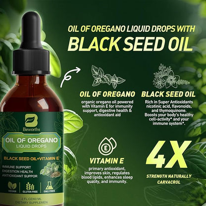 B BEWOTHS Oregano Oil Drops, Oil of Oregano with Black Seed Oil, Vitamin E, Wild Harvest Oil of Oregano Liquid Herbal Blend for Immune, Antioxidant, Digestive Gut Cleanser, Kidney Health Support-Vegan