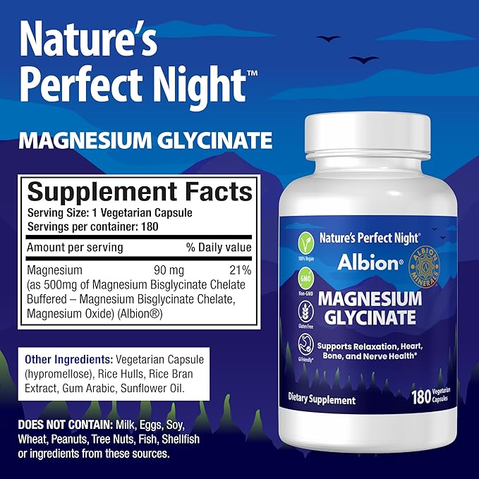 Nature’s Perfect Night | Magnesium Glycinate | 180 Veggie Caps | 100% Chelated | Albion Gold Medallion | GI Friendly | Non-GMO | Gluten Free | Supports Relaxation, Heart, Bone, and Nerve Health |