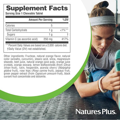 Natures Plus Orange Juice Chewable Vitamin C - 250 mg, 90 Vegetarian Tablets - High Potency Immune Support Supplement, Antioxidant - Gentle On Stomach - Gluten-Free - 90 Servings