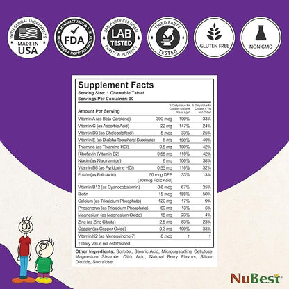 NuBest Tall Kids - Toddlers Vitamins and Kids Vitamins for Age 2 to 9 - Support Bone Strength, Overall Health and Immunity - Animal Shapes - 90 Chewable Berry Tablets | 2 Pack