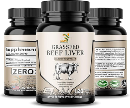 Grass Fed Desiccated Beef Liver Capsules (120 Pills, 500mg Each) - Natural Iron, Vitamin A, B12 for Energy - Humanely Pasture Raised Undefatted Without Hormones or Chemicals