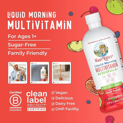MaryRuth Organics Liquid Morning Multivitamin Essentials+ | Vitamin A C D E B6 B12 Biotin Zinc, Mens Womens Multivitamin, Immune Support, Beauty | Sugar Free | Vitamins for Ages 1+ | Vegan | 32 Fl Oz
