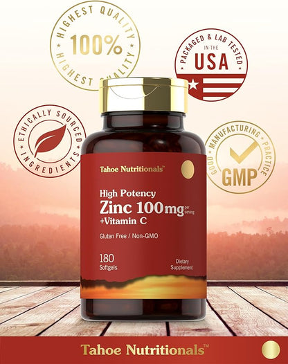 Carlyle Zinc Supplement 100mg with Vitamin C | 180 Softgels | Non-GMO, Gluten Free | Tahoe Nutritionals