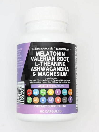 Clean Nutraceuticals Melatonin 10mg Valerian Root L Theanine 200mg Ashwagandha - Sleep Support for Women & Men with Magnesium Complex, Lemon Balm, Chamomile, & Passion Flower - 60 Caps