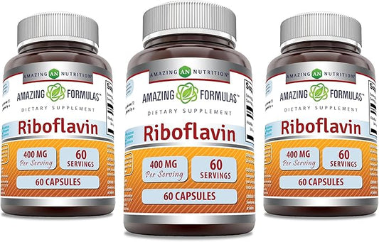 Amazing Formulas Riboflavin 400 mg Capsules | Vitamin B2 Supplement | Non-GMO | Gluten Free | Made in USA (3 Pack | 60 Count)