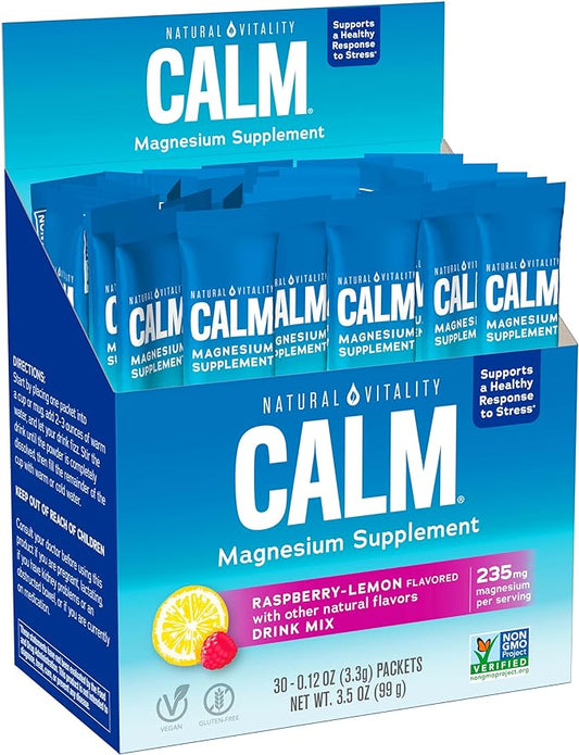 Natural Vitality Calm, Magnesium Citrate Supplement, Anti-Stress Drink Mix Powder - Gluten Free, Vegan, & Non-GMO, Raspberry Lemon, 0.12 oz, 30 Packets