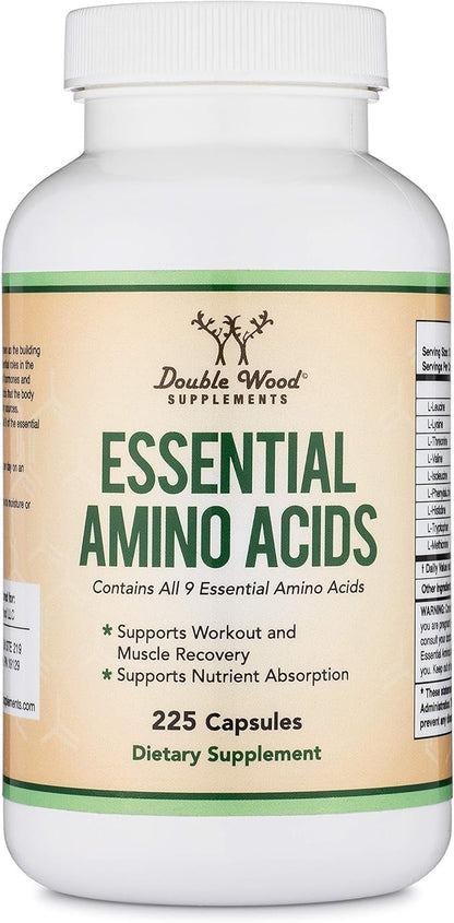 Essential Amino Acids - 1 Gram Per Serving Powder Blend of All 9 Essential Aminos (EAA) and All Branched-Chain Aminos (BCAAs) (Leucine, Isoleucine, Valine) 225 Capsules, Gluten Free by Double Wood