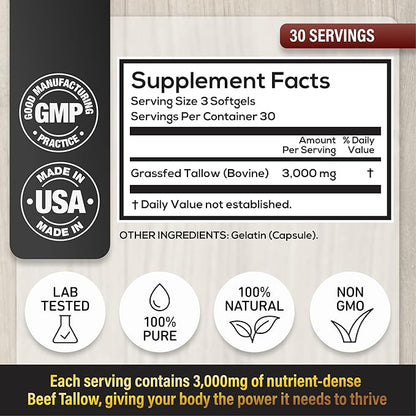 Wild Foods Grass-Fed Beef Tallow Capsules | 3,000mg Per Serving | Pure Ancestral Nutrition for Skin, Hormones, and Energy | Keto, Paleo & Carnivore Diet Approved | 90-Day Supply