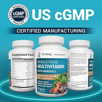 Dr. Berg Whole Food Multivitamin with Minerals - Daily Multivitamin for Men and Women - Includes Premium Whole Food Fruits and Vegetable Blend with Folate, Alpha-lipoic Acid and More - 60 Capsules