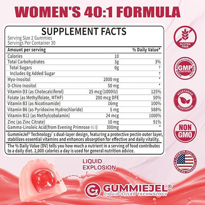 Inositol Gummies Supplement with Evening Primrose Oil for Women - 40:1 Ratio Myo-Inositol 2000mg & D-Chiro Inositol 50mg with Vit D3 B12 & Zinc, Sugar-Free for Natural Balance & Wellness, Vegan (60ct)