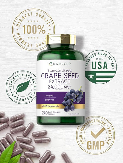 Carlyle Grape Seed Extract 24,000 mg Equivalent 240 Capsules | Maximum Strength Standardized Extract | Non-GMO, Gluten Free