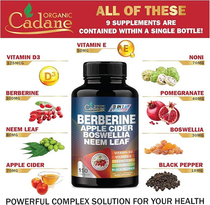 Organic Cadane Berberine Supplement 150 Capsules, with Neem Leaf, Apple Cider Vinegar, VIT D3, E & More - Berberine Extract 35:1- Support for Immune System, Digestion & Overall Health