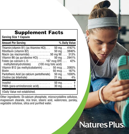 Natures Plus Super B50-90 Vegetarian Capsules - High Potency B Complex Vitamin Supplement - Brain & Energy Booster - Gluten-Free - 90 Servings