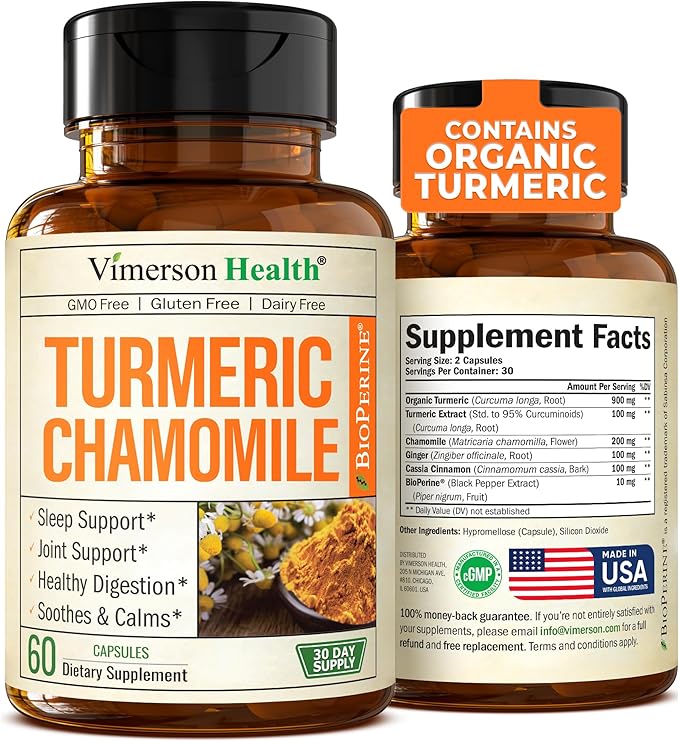 Turmeric Supplement & Chamomile Capsules for Sleep - Organic Turmeric Sleep Supplement with Chamomile Flowers Extract (Manzanilla) - Relaxation & Stress Support - Joint & Digestive Health. 60 Capsules