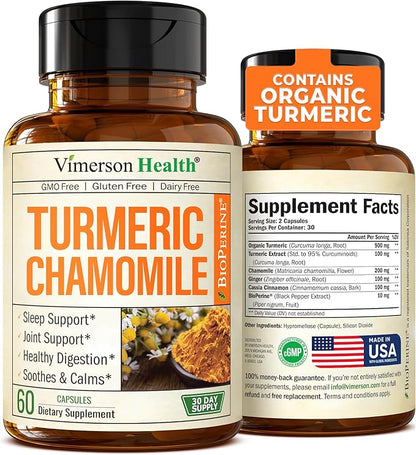 Turmeric Supplement & Chamomile Capsules for Sleep - Organic Turmeric Sleep Supplement with Chamomile Flowers Extract (Manzanilla) - Relaxation & Stress Support - Joint & Digestive Health. 60 Capsules