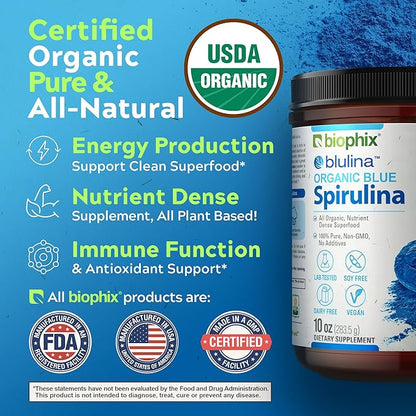 biophix Blue Spirulina Powder Organic Blulina 10 oz - Algae Organic Spirulina Powder 283 Servings - Superfood Supplement - Natural Blue Pigment - Espirulina en Polvo Organica Pura Azul