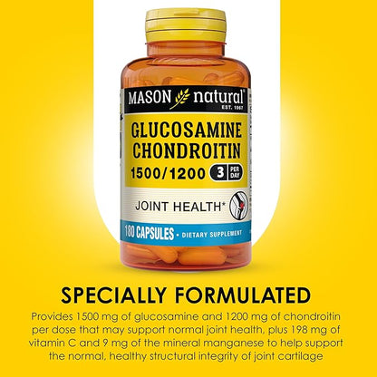 MASON NATURAL Glucosamine Chondroitin 1500/1200 3 Per Day with Vitamin C - Supports Joint Health, Improved Flexibility and Mobility*, 180 Capsules