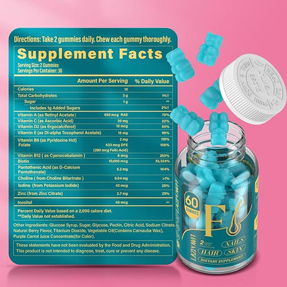 Biotin Gummies -Hair Skin and Nails Vitamins for Men & Women, Vegan Vitamin B7, Supports Hair Growth and Stronger Nails,90 Day Supply - Blueberry-3 Pack