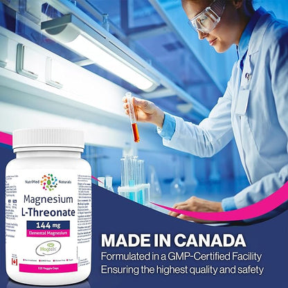 Elemental Magnesium L-Threonate Supplement 144mg 125 Caps - Magtein Magnesium L-Threonate Capsules - Nutrimed Naturals - 3rd Party Tested