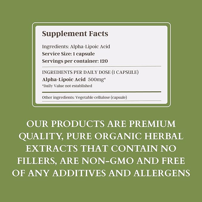 Alpha-Lipoic Acid - Non-GMO - 500mg, 120 Servings (4 Months Supply), Energy Levels, Mitochondria Support