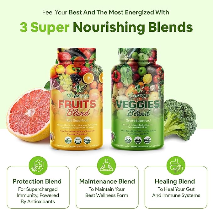 Fruits and Vegetables Supplements With BioPerine, Contains 38 Fruits & Vegetables Super Food Powder Supplements Formula For Overall Health & Nature Energy Boost for Adults Men & Women - Made in USA