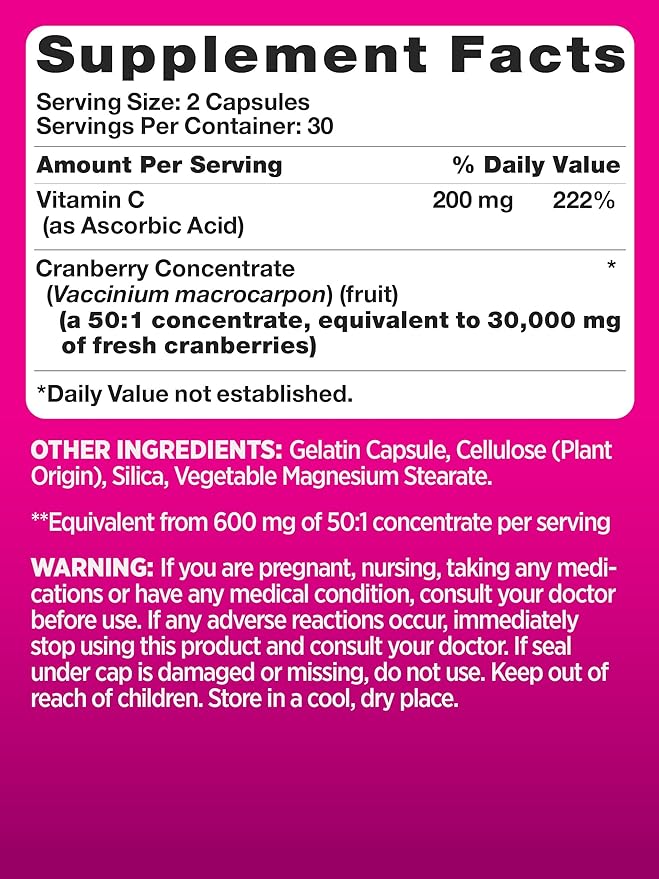 PINK Cranberry Pills for Women | 60 Capsules | Plus Vitamin C | Non-GMO & Gluten Free Extract Supplement | Supports Urinary Tract Health